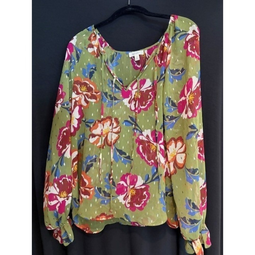 Women's Green Floral Chiffon Tamara H. Long Sleeve Blouse Size L